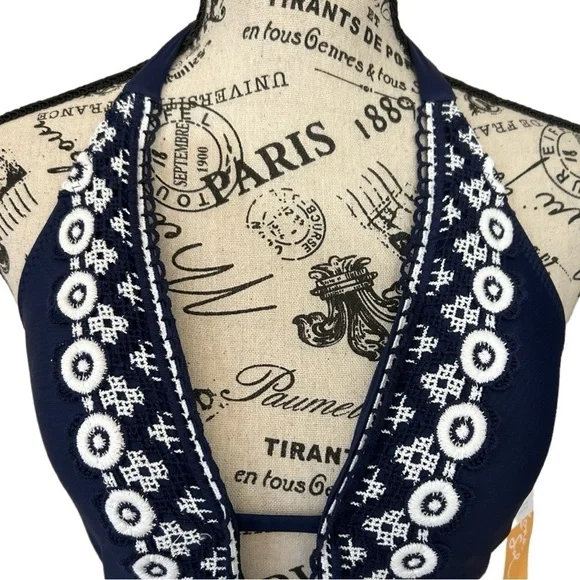 Kona Sol Navy Blue Crochet Necklace Coverage One Piece Swimsuit NEW - Picture 4 of 8